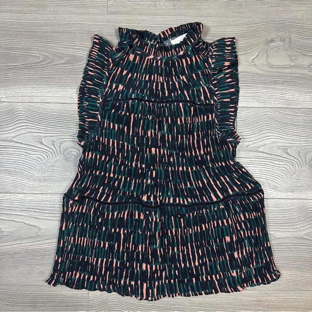 Marie‎ Oliver Silk Pleated Ruffle Sleeve Top Abstract Print High Neck Blouse XS